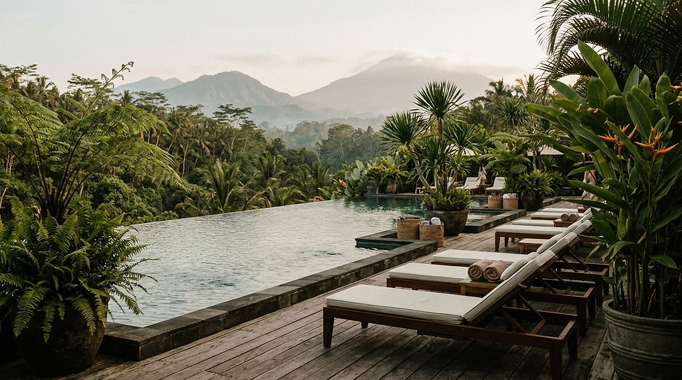 Tropical infinity pool with lounge chairs on a wooden deck, backed by lush jungle and misty mountains.
