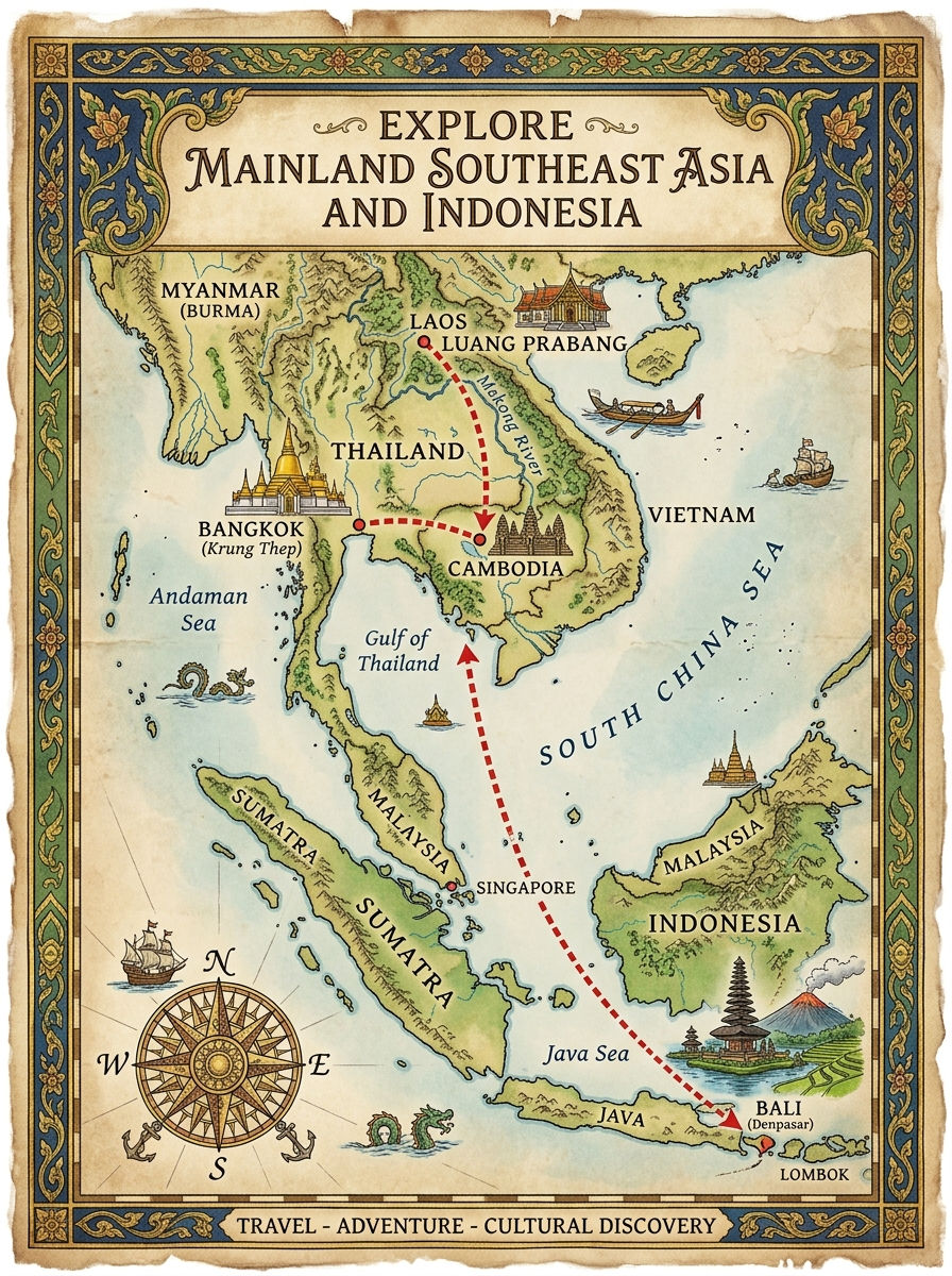 Ornate map of mainland Southeast Asia and Indonesia with a dotted route from Laos to Bali; title and compass shown.