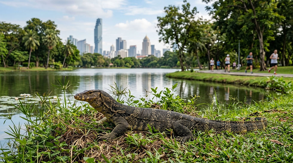 Thailand Monitor lizard on grassy lake shore with runners, park trees, and city skyline in background on a sunny day.