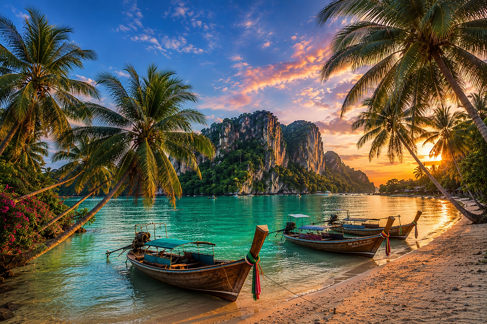 palm and long tail boats on Thailand beach