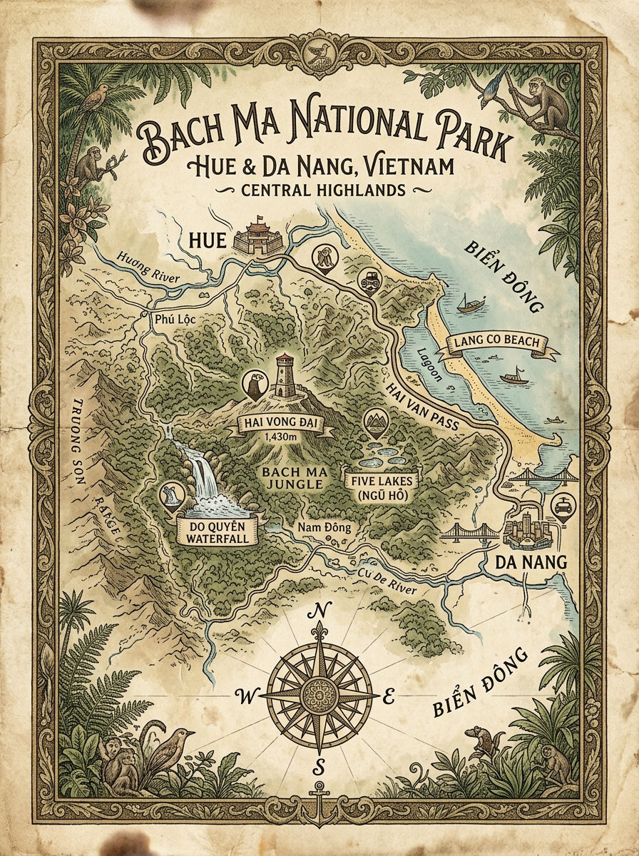 Vintage illustrated map of Bach Ma National Park, Hue and Da Nang, Vietnam, with rivers, beach, waterfalls, jungle, compass.