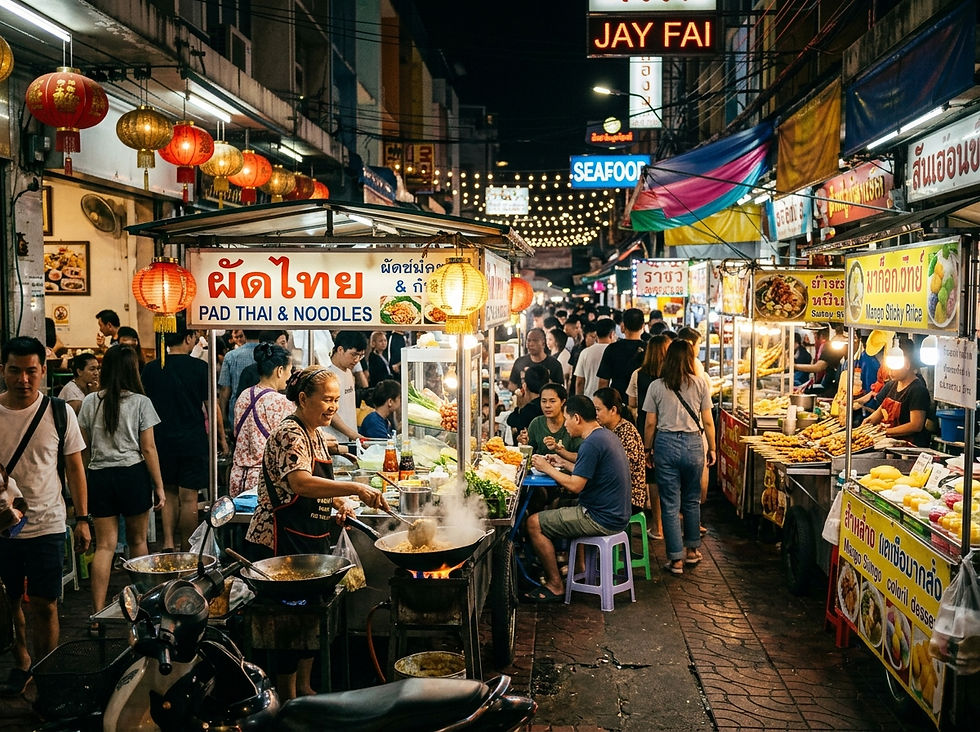 Night Thai street market crowded with diners and vendors under lanterns; signs read PAD THAI & NOODLES and SEAFOOD.