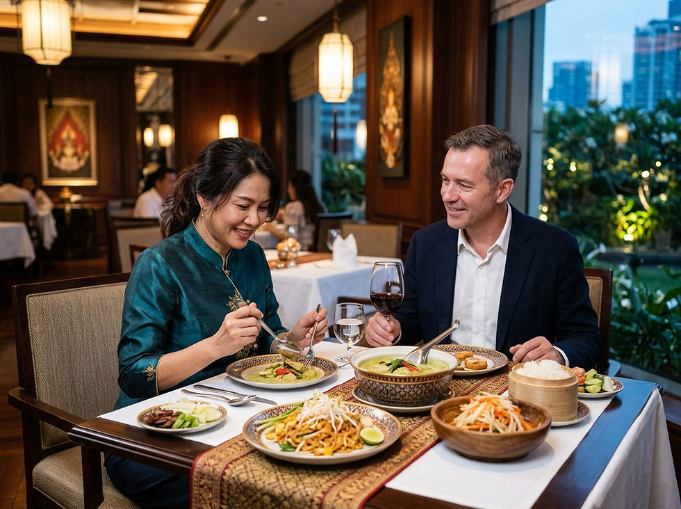 Smiling couple shares a Thai dinner in an upscale restaurant, with wine, rice, noodles, and city lights outside.