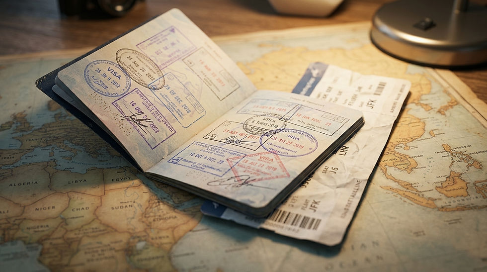 Open passport with visa stamps resting on a world map beside boarding passes, suggesting travel planning.
