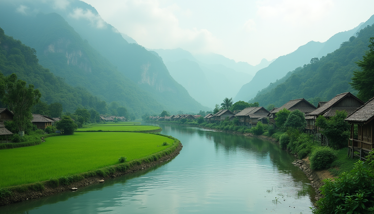 Eye-level view of a serene river winding through lush green hills in a remote Southeast Asian village