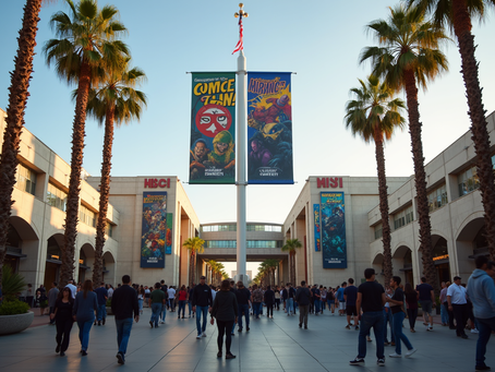 San Diego Convention Center decorated for Comic-Con, eye-level view