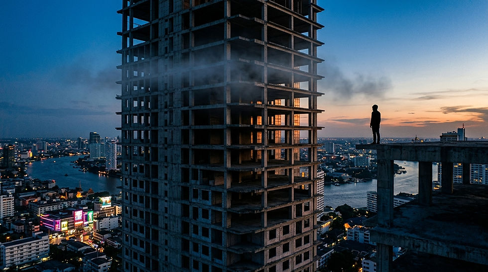 Silhouetted person stands on a rooftop ledge beside an unfinished high-rise at dusk, overlooking a lit city and river.Sathorn Unique Ghost Tower.