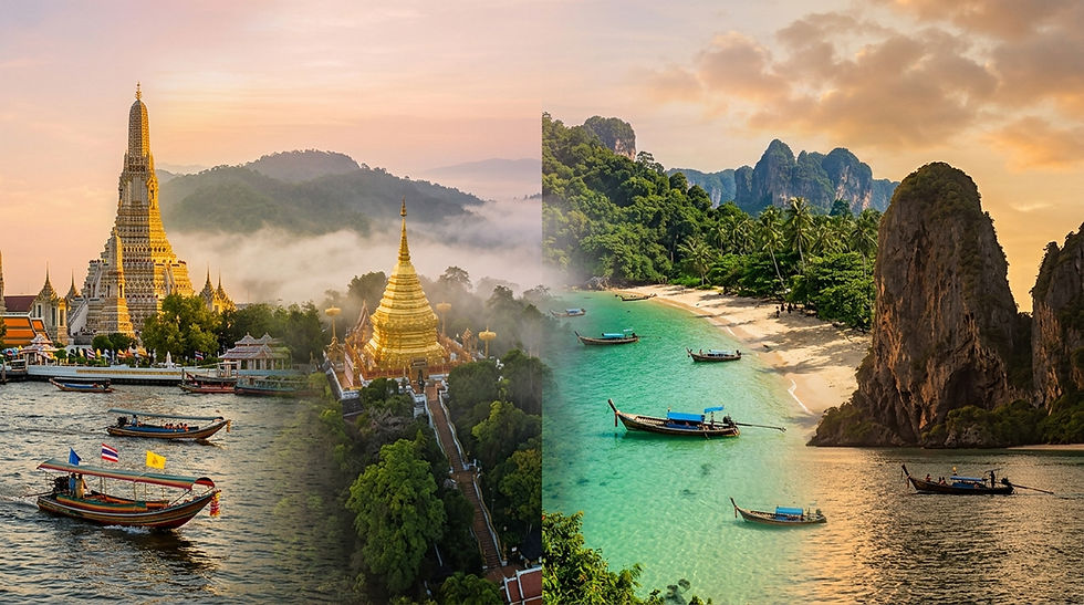 Split scene of a Thai temple by misty water and a turquoise tropical bay with longtail boats, lush cliffs, and warm sunset light.