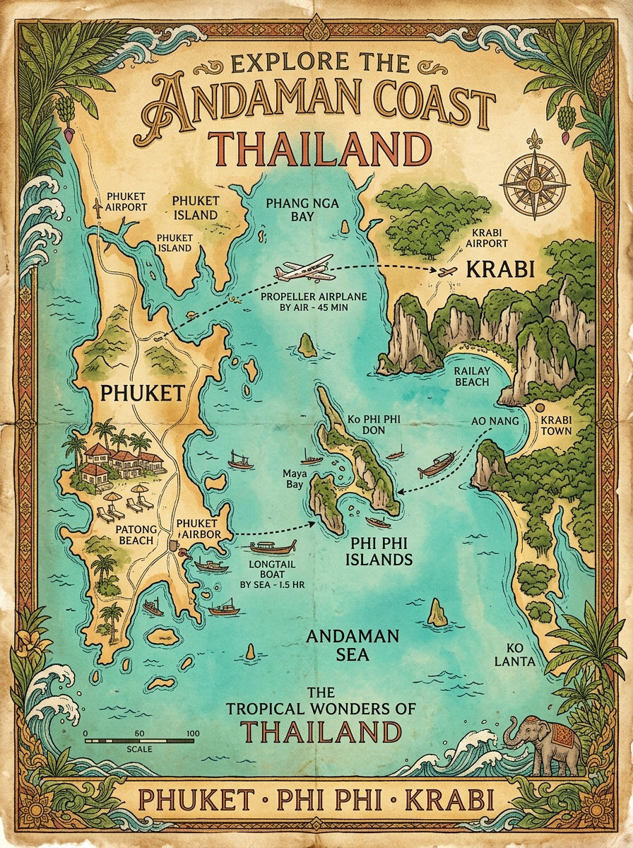 Illustrated map of Thailand’s Andaman Coast with Phuket, Phi Phi and Krabi, plus planes, boats, beaches and tropical border art.