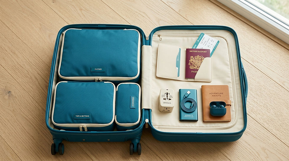 Open teal suitcase on wood floor with packed organizers, British passport, boarding pass, charger, earbuds, and adventure gear.