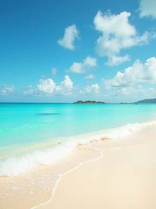 Sunlit beach with turquoise water and clear blue sky