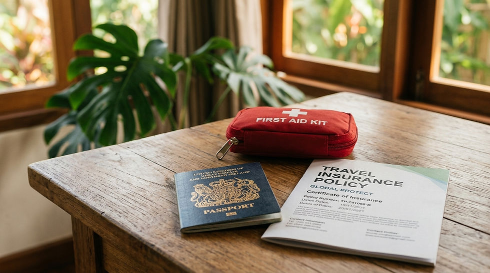 Red first aid kit, passport, and travel insurance policy on a wooden table by sunlit windows with tropical plants.