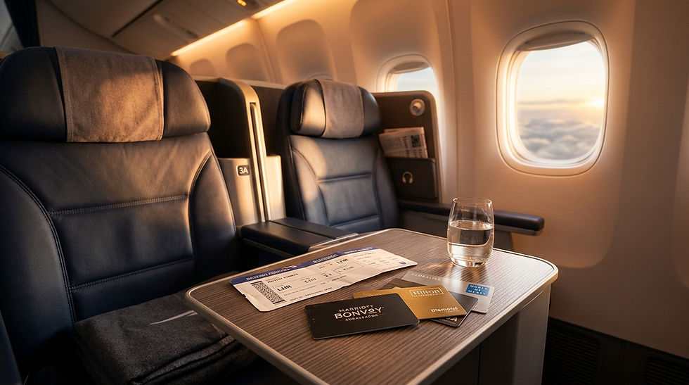 Business class airplane seat with boarding passes, cards and a water glass on the tray table, sunset clouds outside the window.