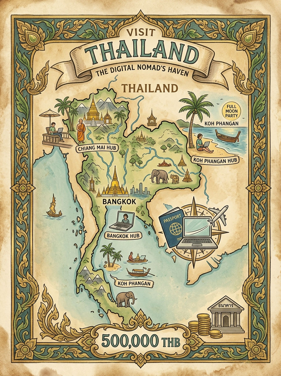 Vintage poster of Thailand map for digital nomads, with hubs in Bangkok, Chiang Mai, and Koh Phangan; 500,000 THB shown.