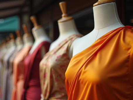 Traditional Thai silk clothing displayed in a market