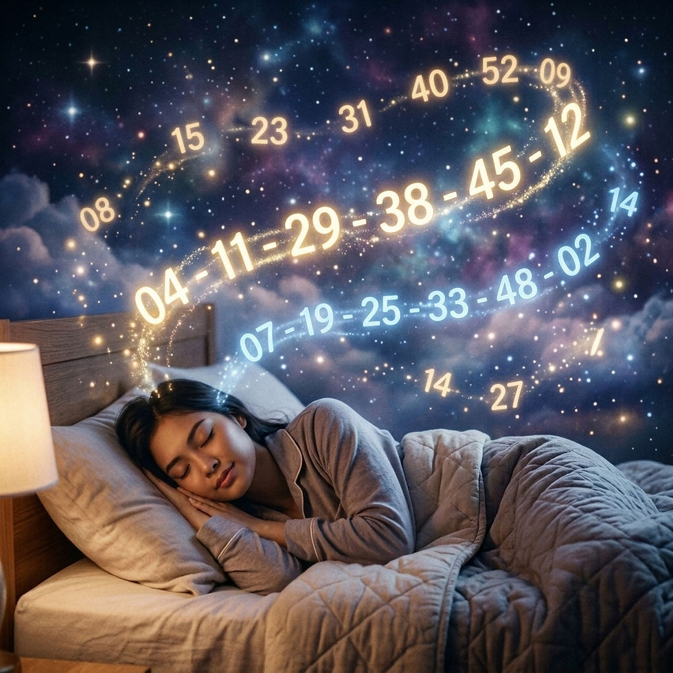 Sleeping woman in bed under a quilt, with glowing numbers arcing through a starry dreamlike sky above her.