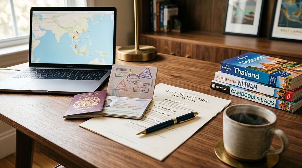 Travel planning desk with laptop map, passport, itinerary, guidebooks to Thailand, Vietnam, Cambodia & Laos, and a coffee mug
