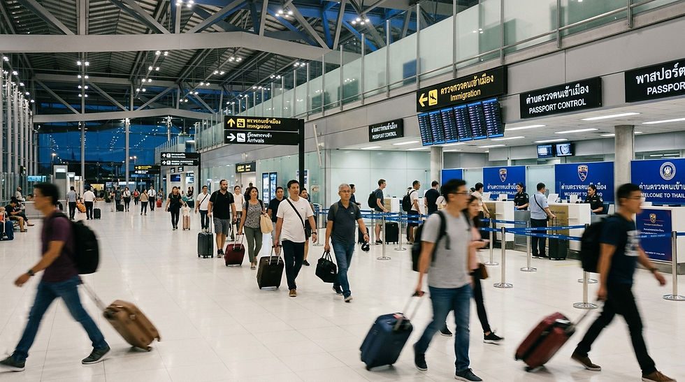 Travelers with luggage walk through Thailand airport immigration and passport control under blue welcome signs.