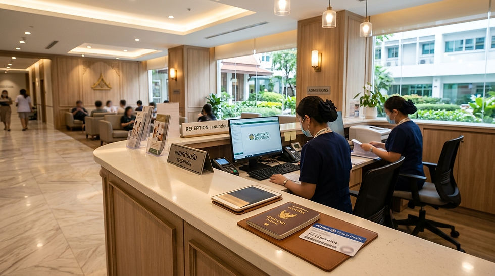 Masked hospital receptionists work at a bright lobby desk with passports and a computer; signs read Reception and Admissions.