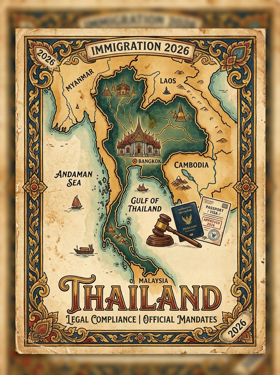 Vintage poster map of Thailand with Immigration 2026, visa/passport stamp, neighboring countries, and Legal Compliance text.