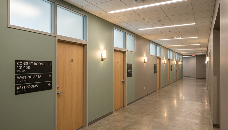 Wide-angle view of a quiet campus wellness corridor with consult room doors and filtered interior windows.