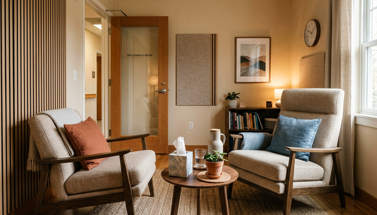 Eye-level view of two lounge chairs angled toward each other with the room door visible in the background.