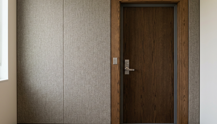 Close-up view of acoustic wall panels beside a quiet consult room door with a sealed threshold.