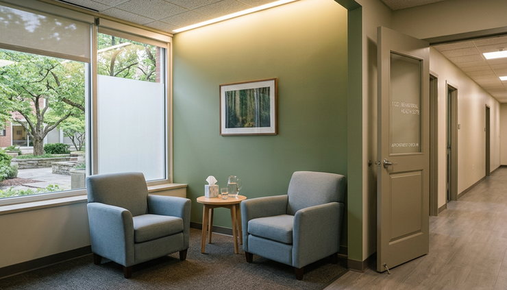Eye-level view of a quiet seating alcove near a campus behavioral health suite with soft chairs and warm lighting.