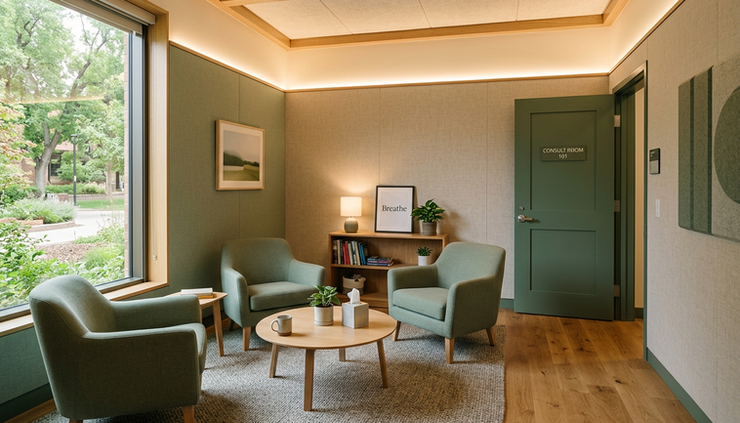 Wide-angle view of a calm campus counseling room with soft seating and a clear path to the door.