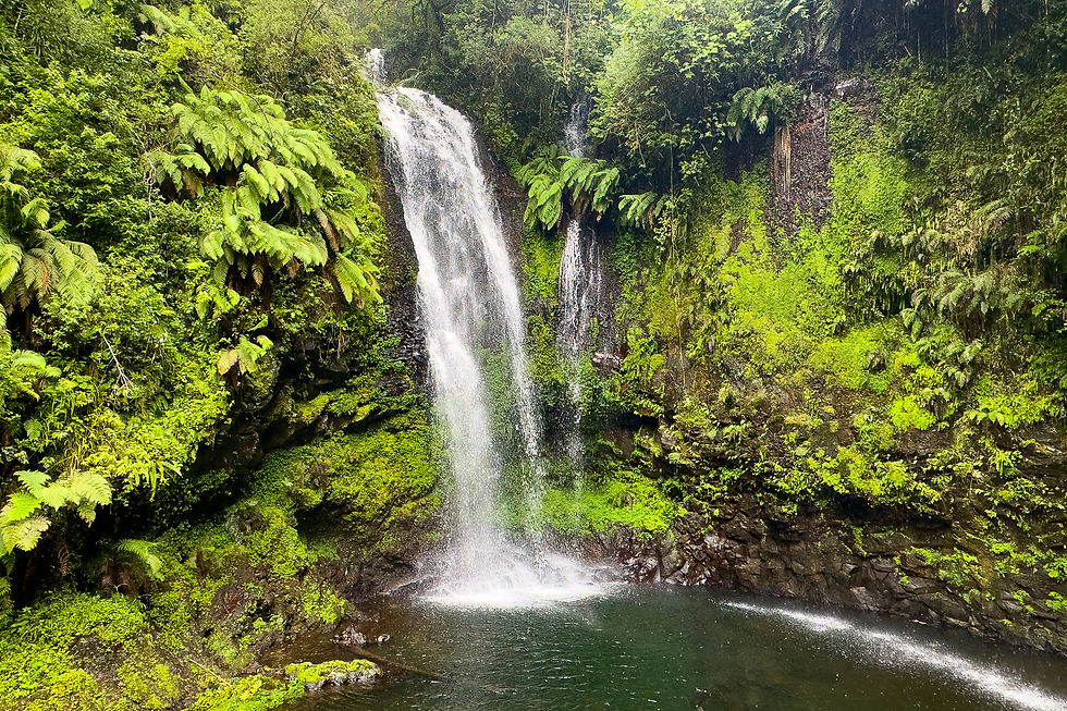 Waterfall in Montagne d’Ambre National Park, Madagascar rainforest hike with lush green jungle scenery