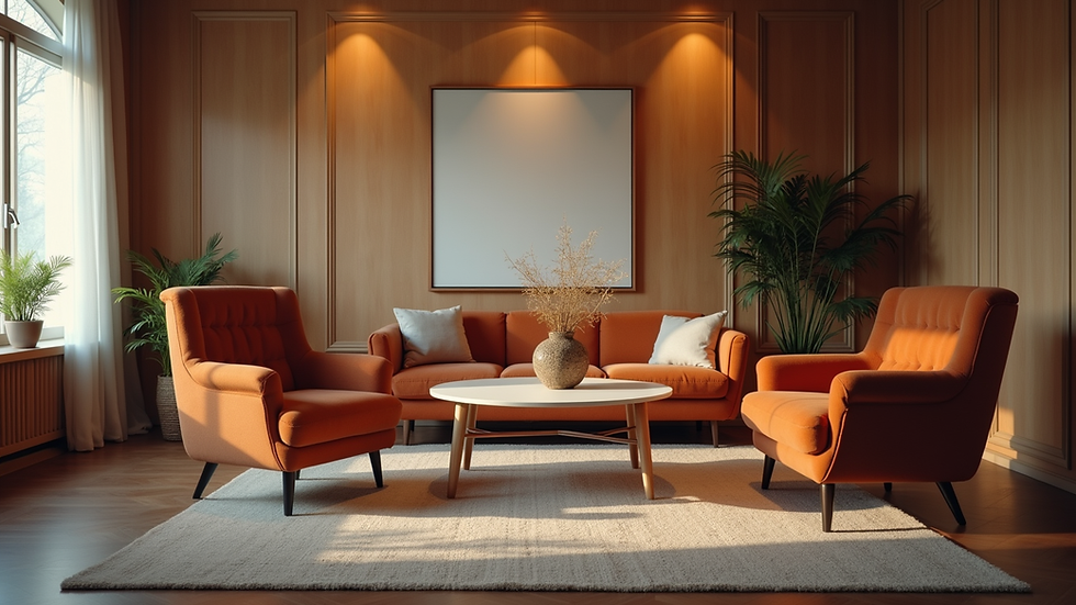 Eye-level view of a cozy meeting space with comfortable seating and a warm atmosphere
