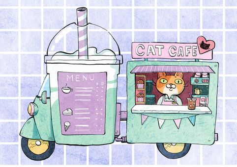 A CAT BARISTA IN A CAFE BIKE CANTEEN WITH ITS FRONT SHAPED LIKE A FRAPPUCCINO