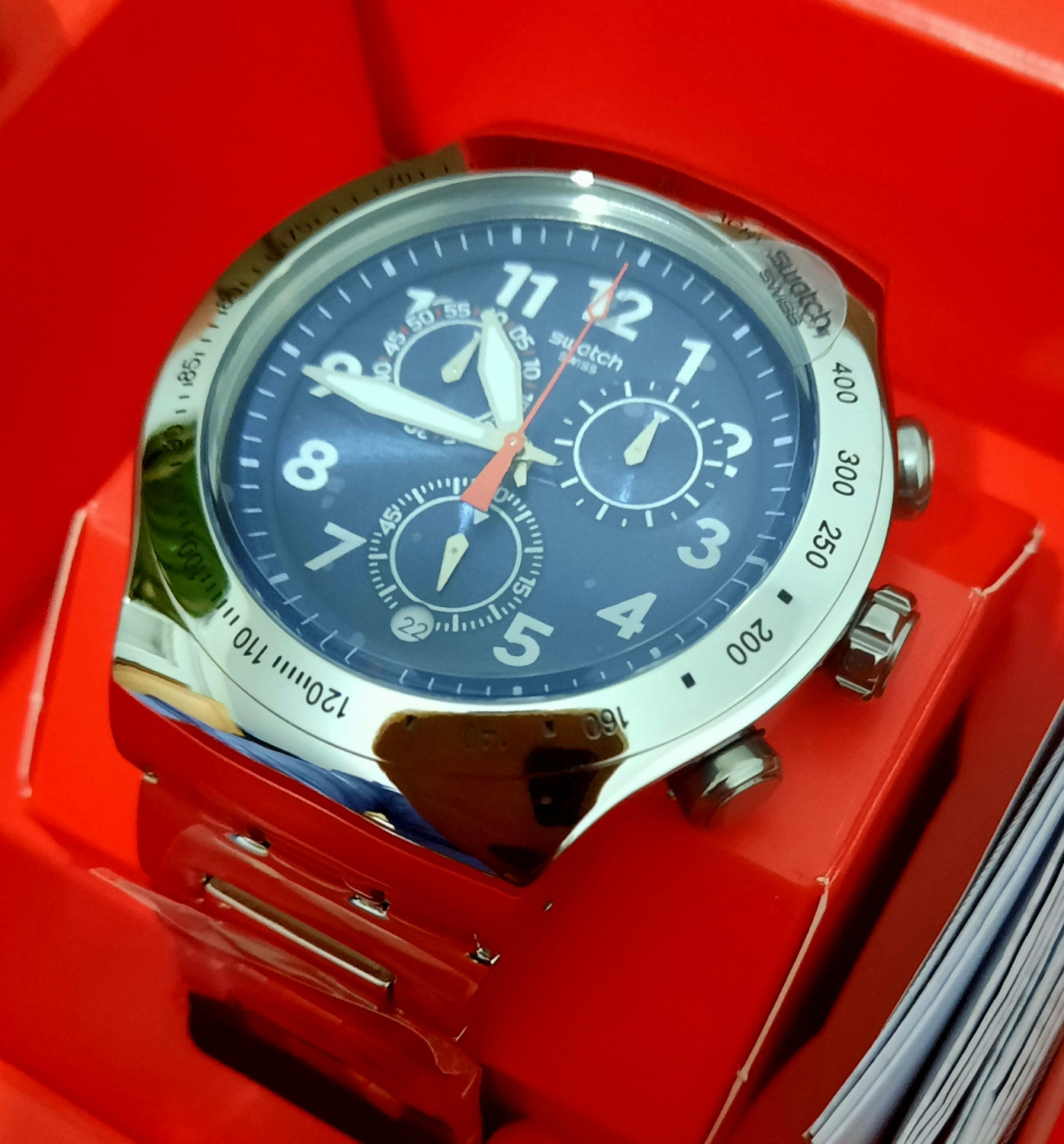 Swatch irony Originale Argenté Tableau Bleu Derniere Collection Made in Swiss