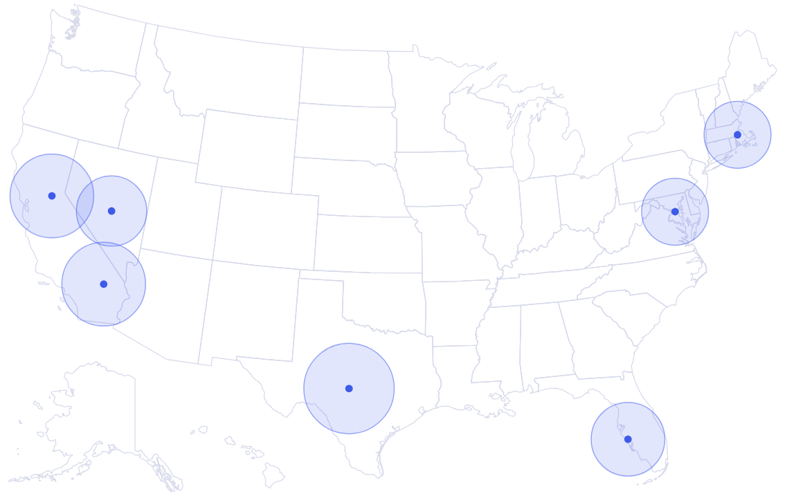 Map of the United States showing where Inspire EDU works: California, Nevada, Texas, Florida, Maryland and Massachusetts