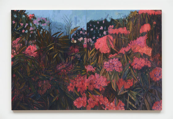 Pamela Phatsimo Sunstrum, 'Garden Girl', Oil and pencil on wood panels, 101.6 x 303.8 cm 2