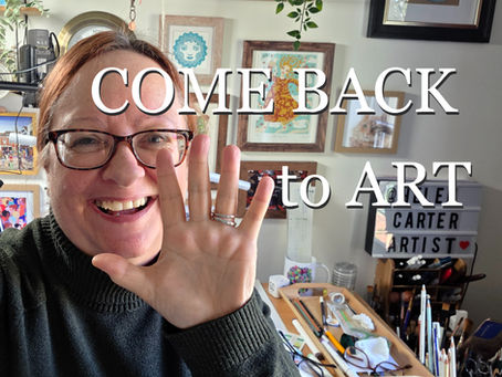 A woman waving in front of a wall of art with the words 'come back to art'
