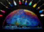 drawing of a colourful bubble on black paper with pencils all around it