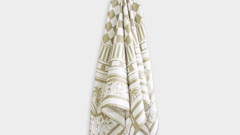 Gold and white check and palm tree design silk scarf