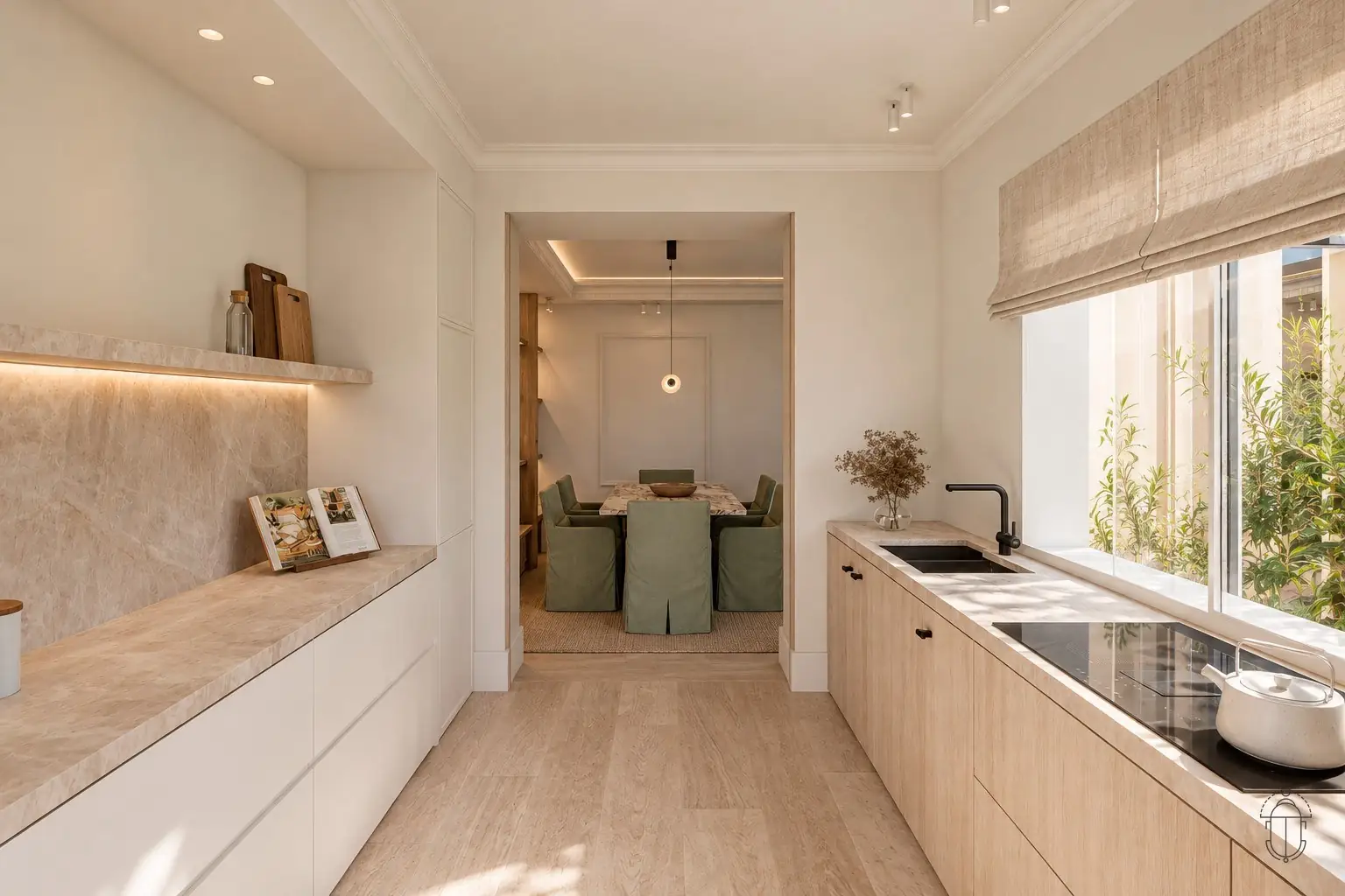 Kitchen in pale stone and oak opening onto a dining room, by Cara Studio