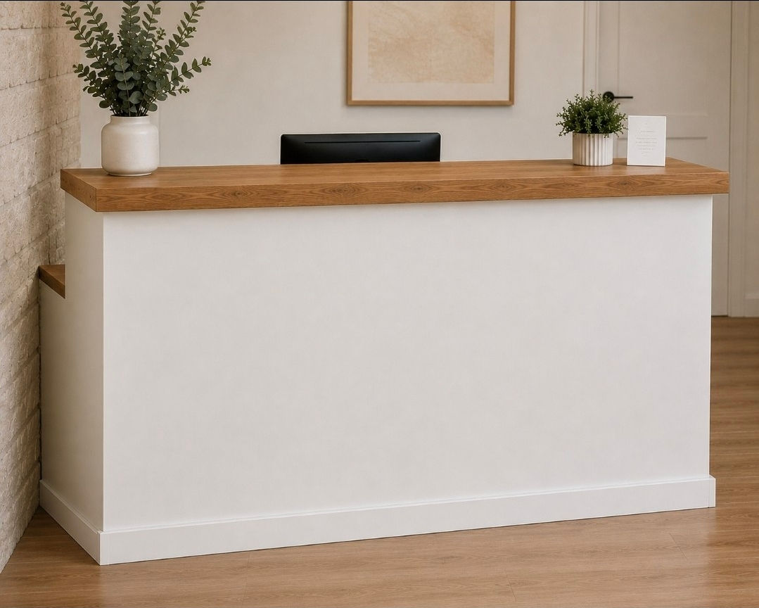 White Reception Desk With Dark Oak Stained Tops 140cm x 50cm