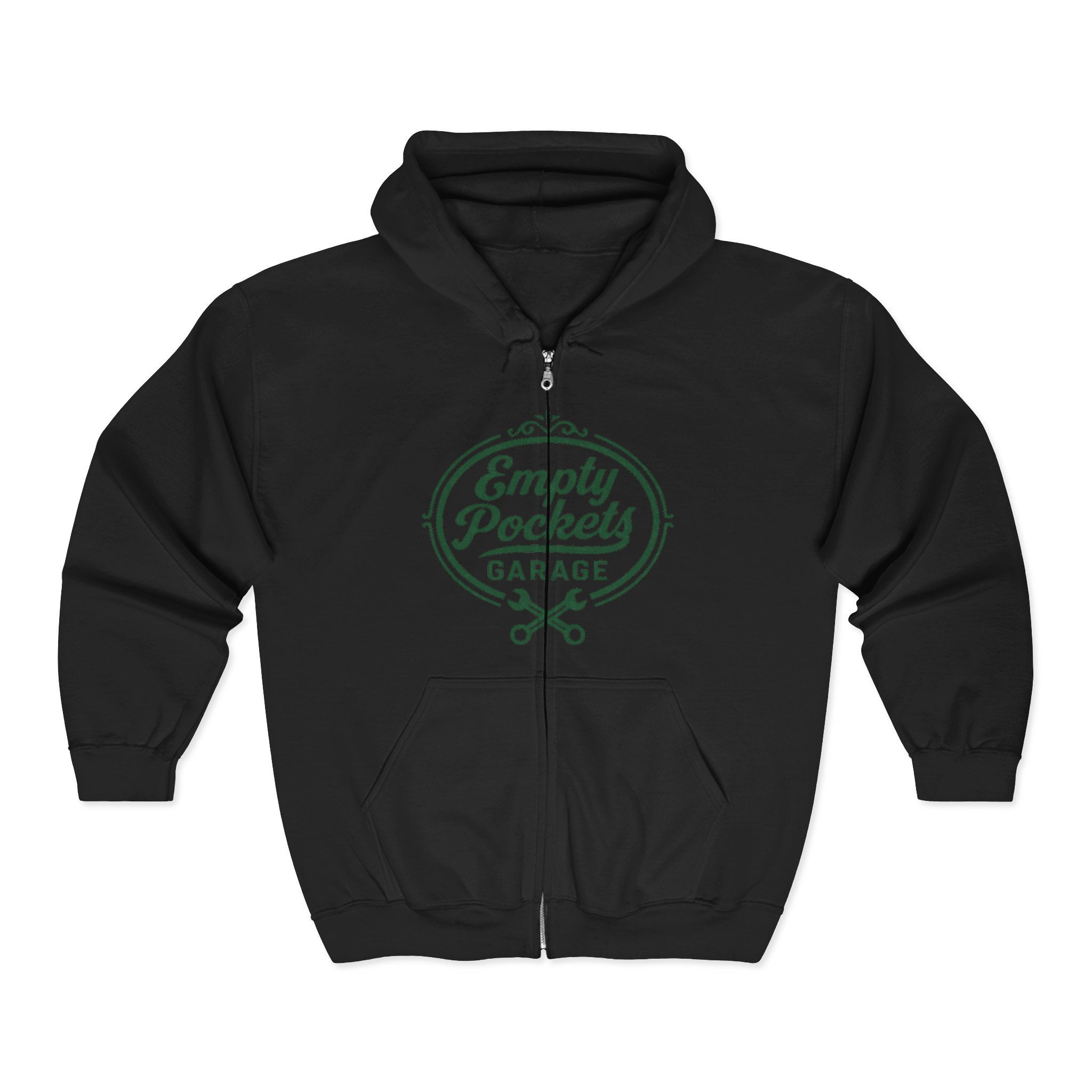 Zip Hoodie — Vintage Barber Shop Logo & Strongman Back Graphic