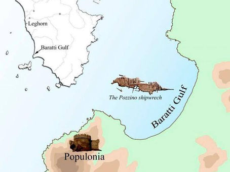 Carte de la côte toscane montrant la localisation du naufrage romain Relitto del Pozzino dans le golfe de Baratti, près de l'ancien port de Populonia.
