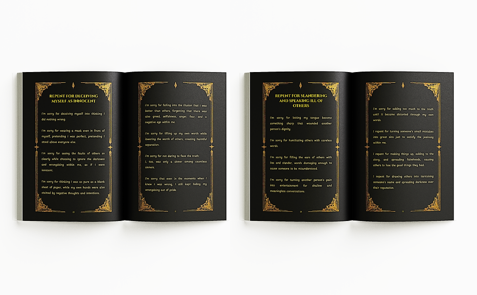 Open book with ornate gold borders. Left page titled "Repent for Deceiving Myself as Innocent." Right page "Repent for Slandering and Speaking Ill of Others." The book All of us are sinners by rosella tran