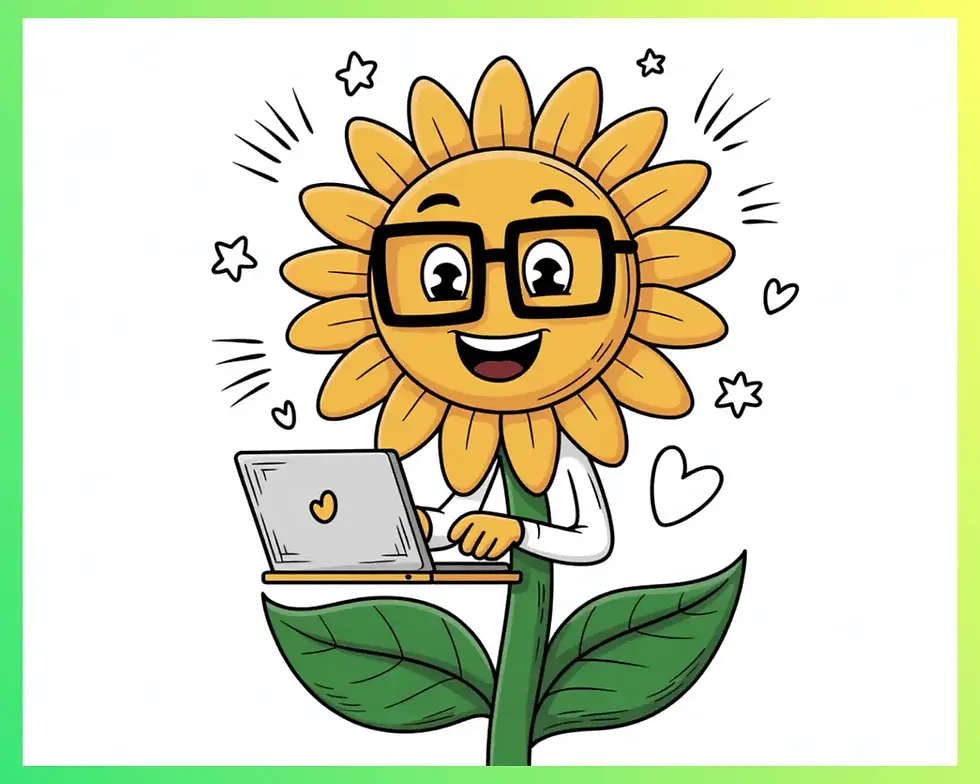 A smiling sunflower with glasses uses a laptop, surrounded by stars and hearts. Green leaves at the base, set against a gradient border.