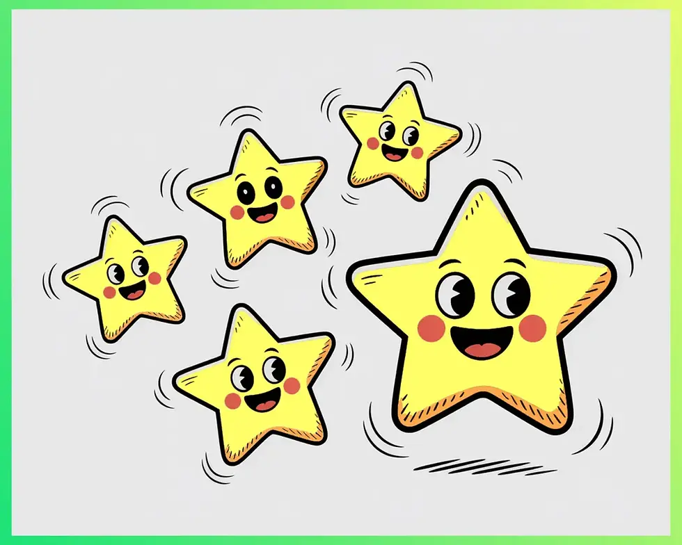 Five cartoon yellow stars with smiling faces vibrate on a gray background. Green gradient border accentuates the cheerful scene.