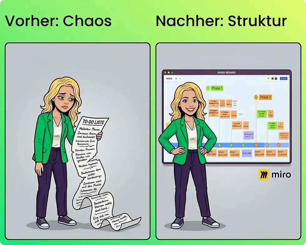 Vorher-Nachher-Illustration: Links steht eine frustrierte Unternehmerin mit einer überlangen, chaotischen To-do-Liste. Rechts dieselbe Unternehmerin, selbstbewusst lächelnd vor einem strukturierten Miro-Board mit einer visuellen Roadmap in zwei Phasen.