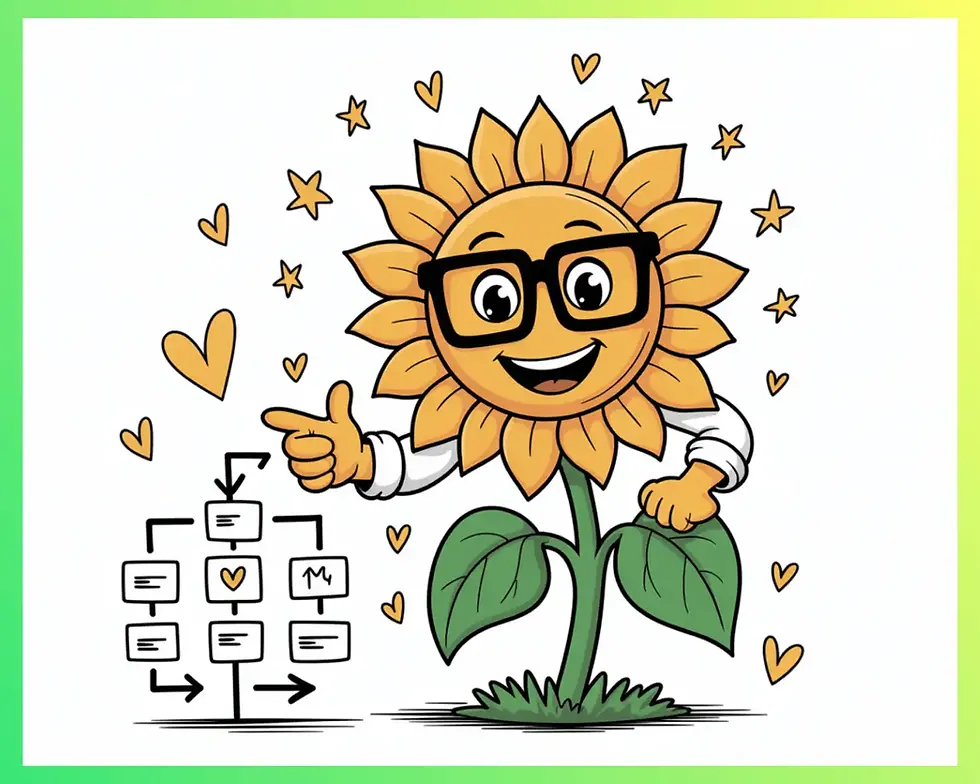 Cheerful sunflower with glasses and arms points to a flowchart on white background. Hearts and stars surround, colorful gradient border.