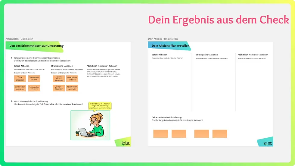 Screenshot zeigt Miro-Board mit Aktionsplan-Optimierung und Illustrationen in Grün und Orange