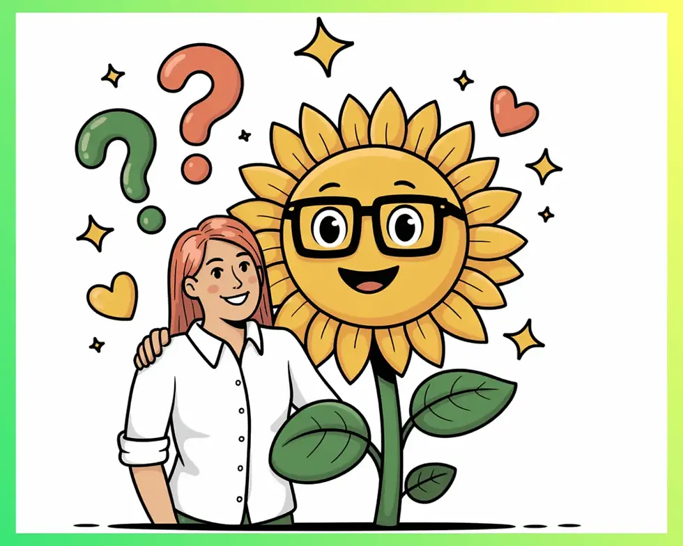 Person with pink hair and white shirt smiles beside a happy sunflower with glasses. Colorful hearts and question marks in the background.