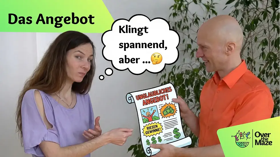 Sandor präsentiert enthusiastisch ein Angebot mit der Aufschrift "Unglaubliches Angebot!" während Conny skeptisch schaut und in einer Denkblase "Klingt spannend, aber... 🤔" steht. Comic-Stil Illustration zum Thema Verkaufsgespräche.